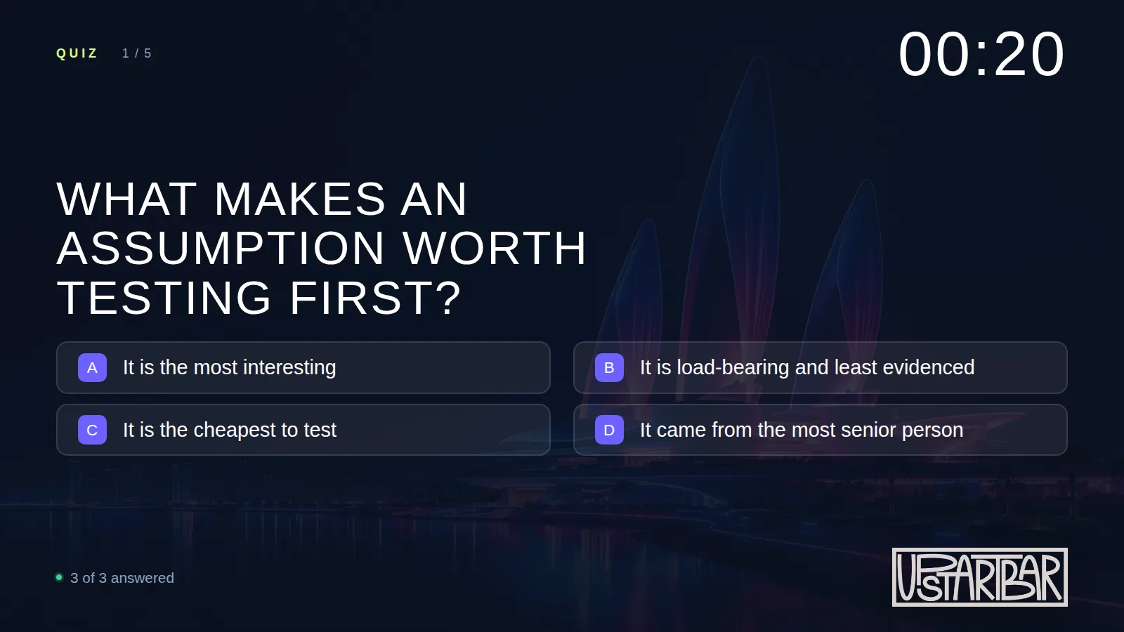 A quiz question on the projector view, with a countdown timer and live answer count.